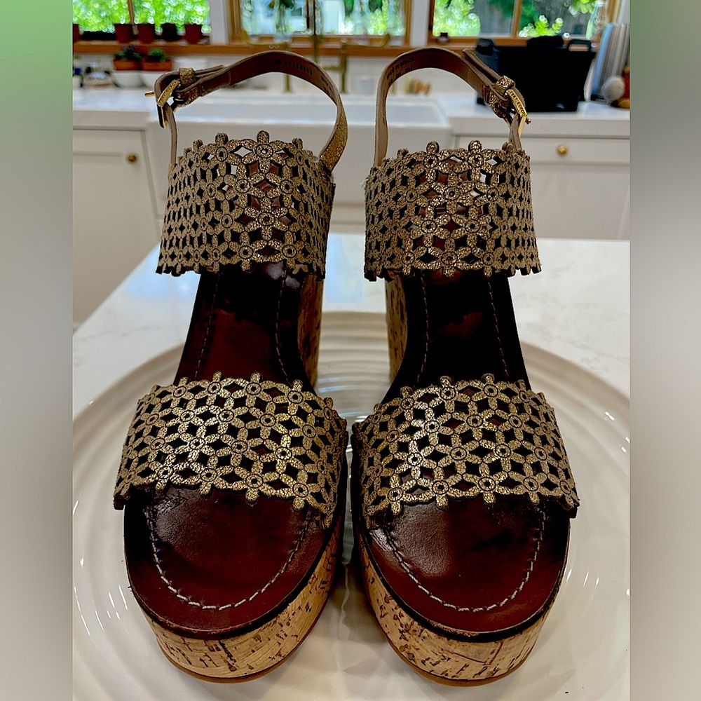Tory Burch Floral Perforated Leather Wedge Platform Sandal in Box